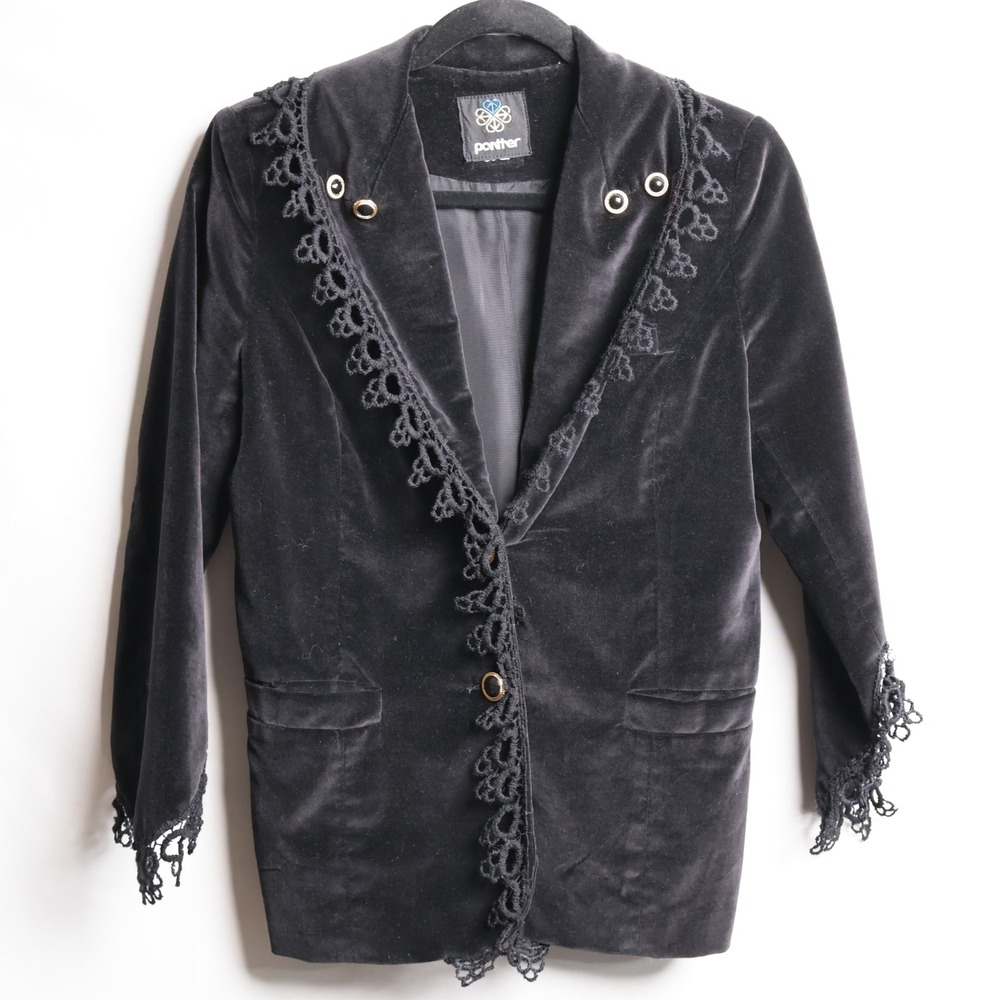 Panther Black Velvet Blazer Jacket Lace Trim Goth Victorian Steampunk BA8